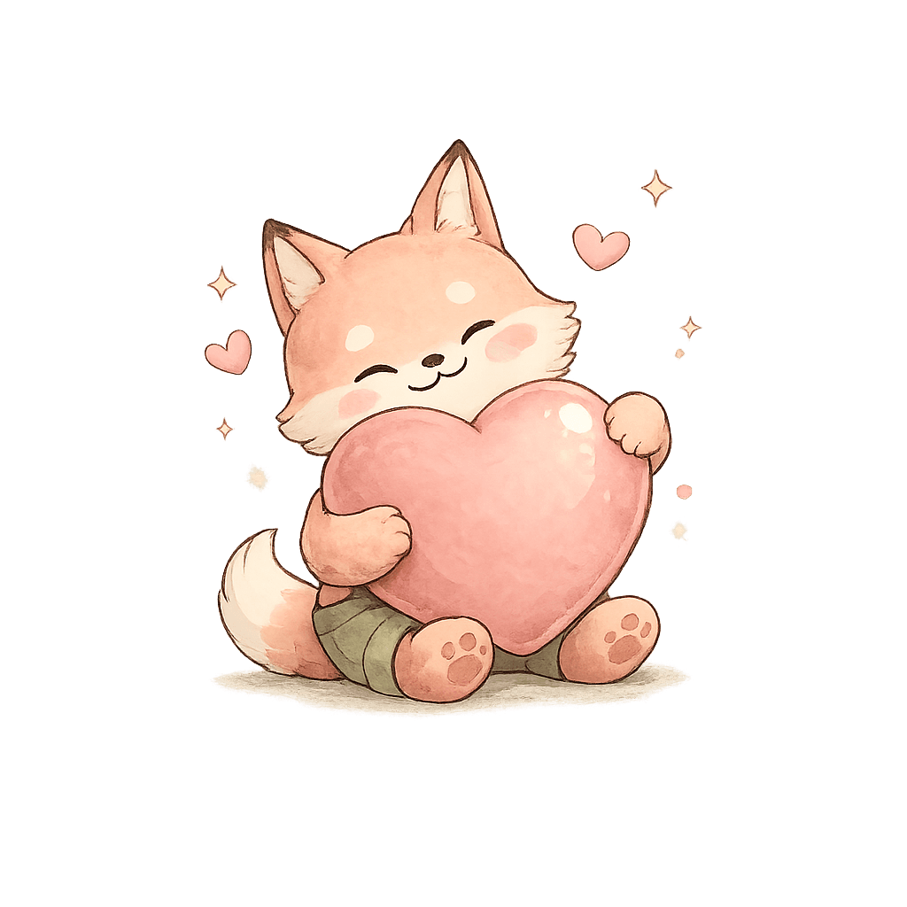 Mori, a small fox, holding a heart