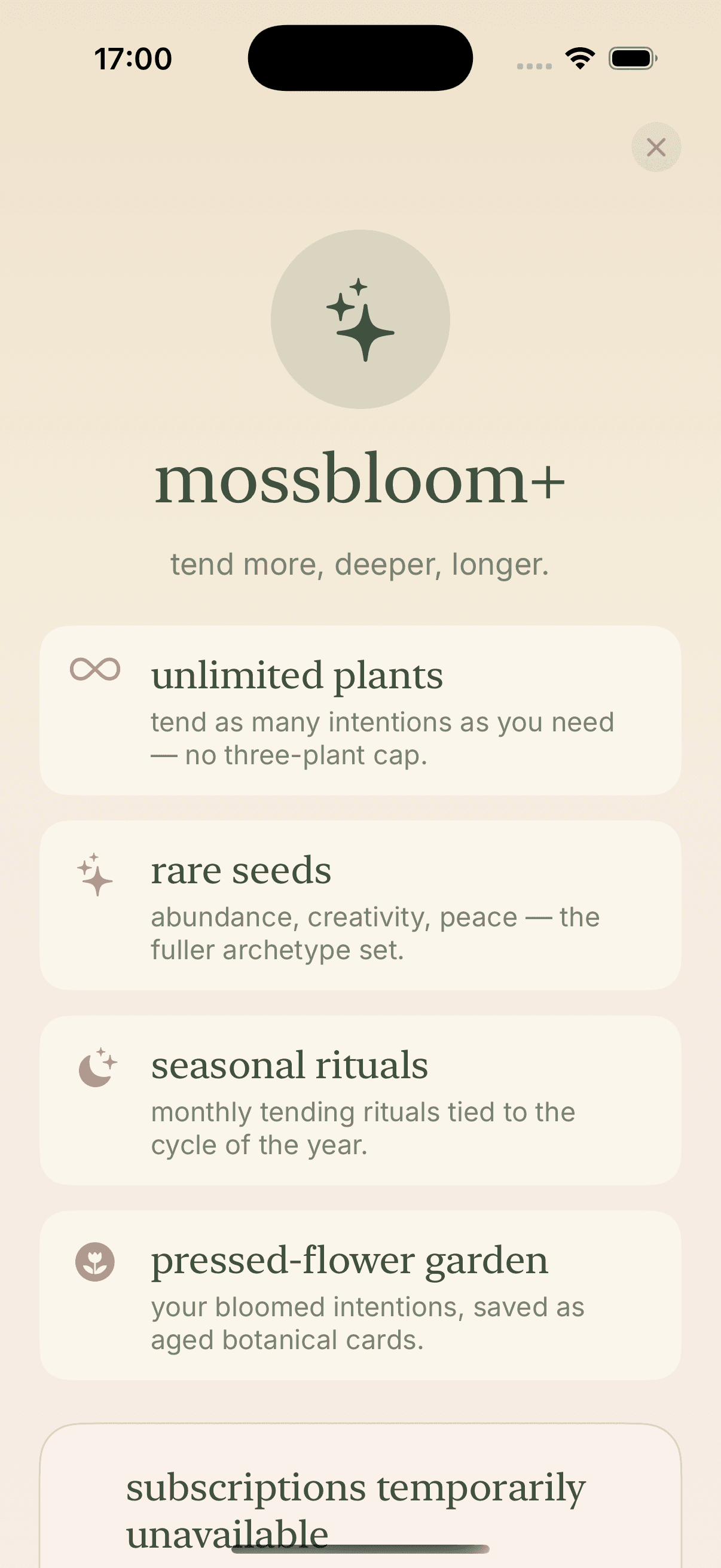 The Mossbloom+ subscription screen, showing a 7-day free trial.